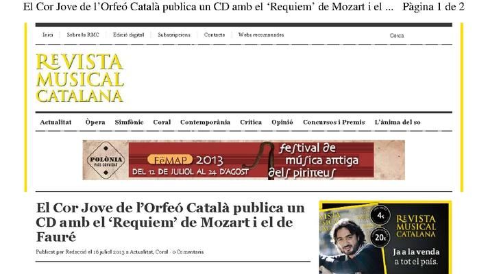 The Cor Jove of the Orfeó Català publishes Catalan CD with 'Requiem' by Mozart and the Fauré