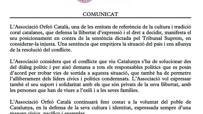 Comunicat de l'Associació Orfeó Català