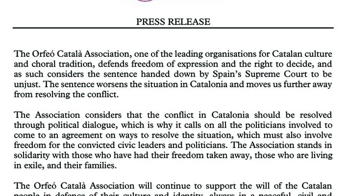 Press Release of the Associació Orfeó Català